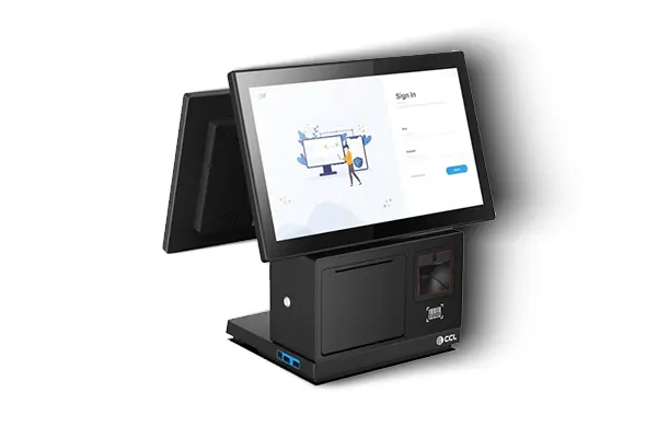 Modern POS terminal designed for fast-paced hospitality environments Compact POS terminal with touchscreen for restaurant checkout