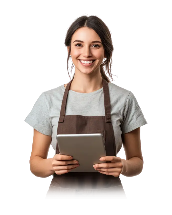 Odoo-approved hospitality hardware - Solution for restaurants and cafés Waitress using a tablet in a modern restaurant to manage orders