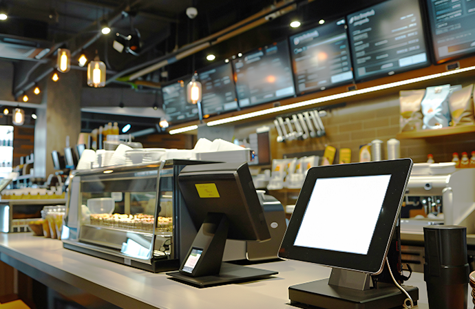 POS hardware for restaurants, cafés and quick-service venues – Hospitality solutions Hospitality POS systems including touchscreens and receipt printers at a café counter