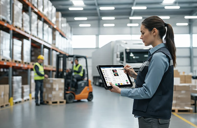 Mobile and scanning systems for transport and warehouse automation Warehouse worker using rugged tablet to manage inventory and freight in logistics center