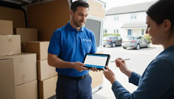 Scalable and durable hardware for transport and logistics with Odoo compatibility Delivery technician confirming parcel handoff using rugged tablet and stylus